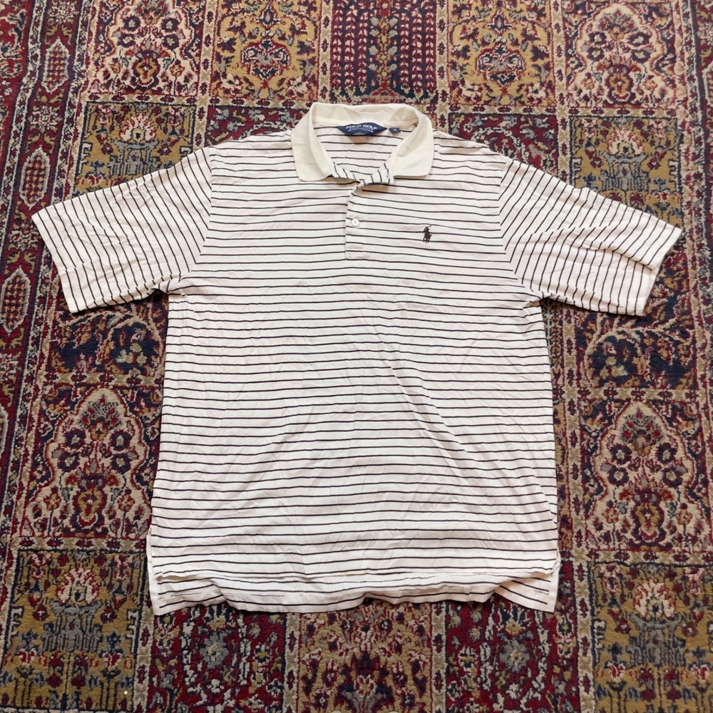 VTG 80s 90s Polo Golf Ralph Lauren M White Brown Striped Pima Cotton Polo Shirt
